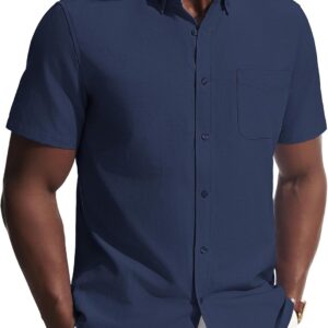 Mens Dress Shirts Oxford Button Down Shirt Short Sleeve Business Casual Untucked Shirts with Pocket